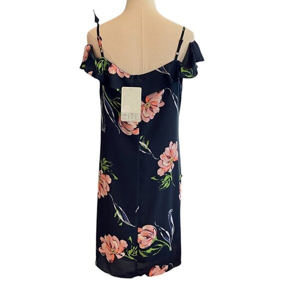 Pretty Tropical Fluttery Crepe Strap Cold Shoulder Navy Floral Mini Dress - Picture 5 of 8